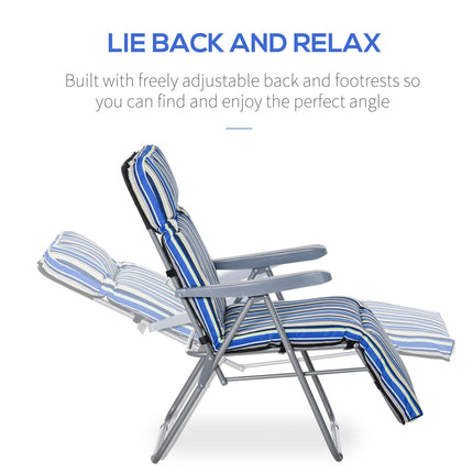 Set of 2 Foldable Adjustable Garden Sun Loungers with Cushions - Blue and White
