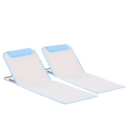 Set of 2 Foldable Garden Beach Chair Mat, Lightweight Outdoor Sun Lounger Seats with Adjustable Back, Metal Frame, PE Fabric Head Pillow and Carry Bag, Cream White
