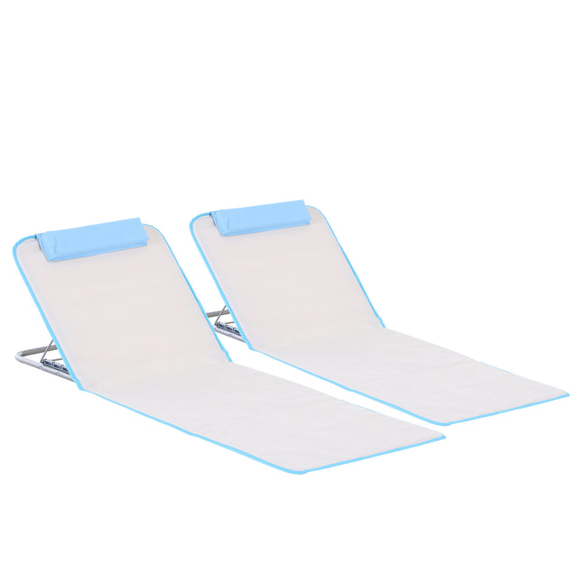 Set of 2 Foldable Garden Beach Chair Mat, Lightweight Outdoor Sun Lounger Seats with Adjustable Back, Metal Frame, PE Fabric Head Pillow and Carry Bag, Cream White