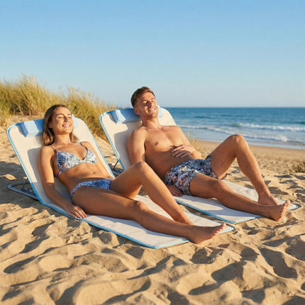 Set of 2 Foldable Garden Beach Chair Mat, Lightweight Outdoor Sun Lounger Seats with Adjustable Back, Metal Frame, PE Fabric Head Pillow and Carry Bag, Cream White