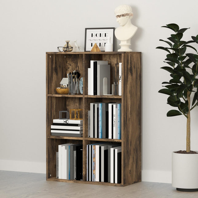 Cubic Cabinet Bookcase with 6 Shelves for Storage and Display - Rustic Brown