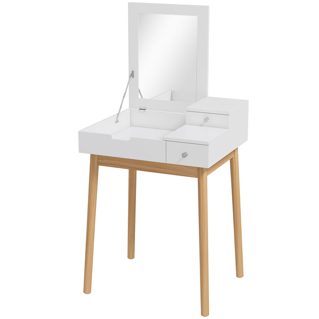 MDF Pine Dressing Table Desk with Flip-up Mirror and 2 Drawers - White