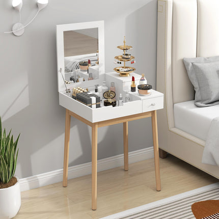 MDF Pine Dressing Table Desk with Flip-up Mirror and 2 Drawers - White