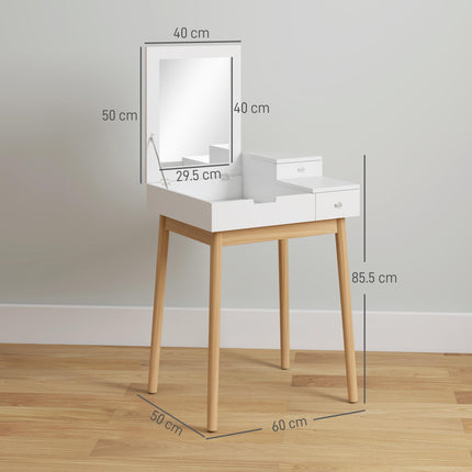 MDF Pine Dressing Table Desk with Flip-up Mirror and 2 Drawers - White