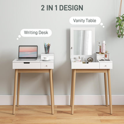 MDF Pine Dressing Table Desk with Flip-up Mirror and 2 Drawers - White