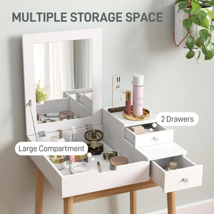 MDF Pine Dressing Table Desk with Flip-up Mirror and 2 Drawers - White