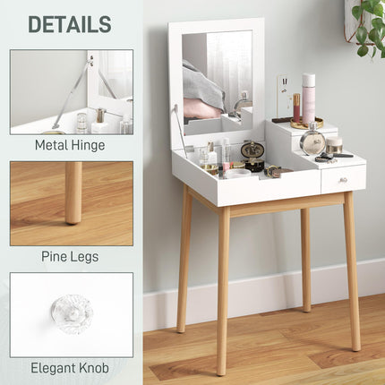 MDF Pine Dressing Table Desk with Flip-up Mirror and 2 Drawers - White