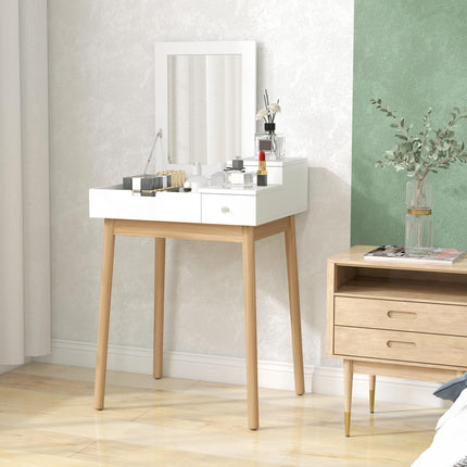 MDF Pine Dressing Table Desk with Flip-up Mirror and 2 Drawers - White