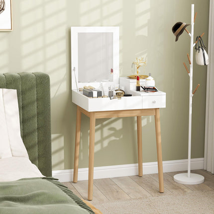 MDF Pine Dressing Table Desk with Flip-up Mirror and 2 Drawers - White