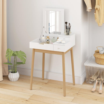 MDF Pine Dressing Table Desk with Flip-up Mirror and 2 Drawers - White