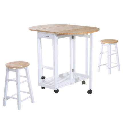 3PC Wooden Kitchen Cart with Folding Bar Table, 2 Stools, Storage Shelf & 6 Wheels - White