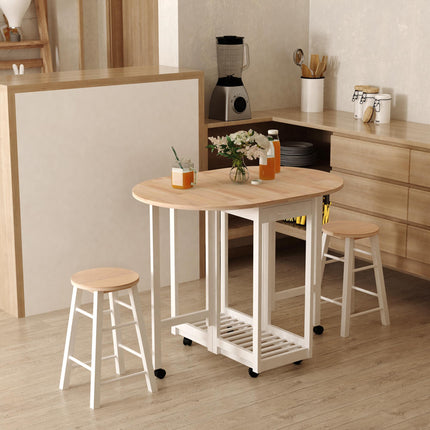 3PC Wooden Kitchen Cart with Folding Bar Table, 2 Stools, Storage Shelf & 6 Wheels - White