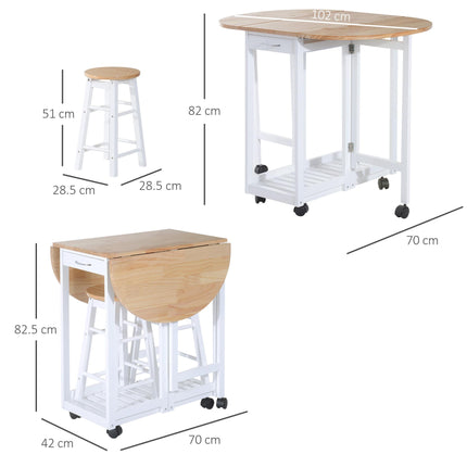 3PC Wooden Kitchen Cart with Folding Bar Table, 2 Stools, Storage Shelf & 6 Wheels - White