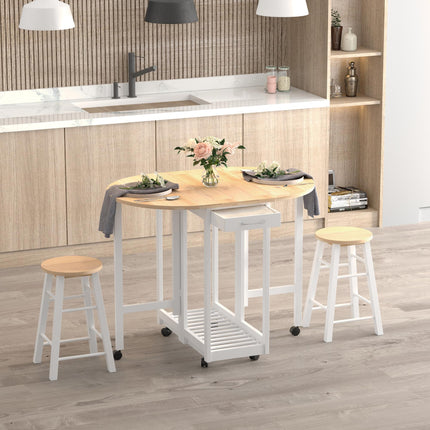 3PC Wooden Kitchen Cart with Folding Bar Table, 2 Stools, Storage Shelf & 6 Wheels - White