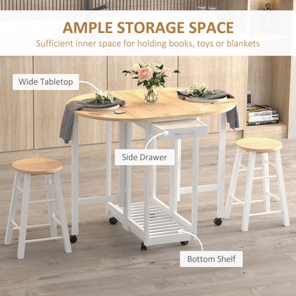 3PC Wooden Kitchen Cart with Folding Bar Table, 2 Stools, Storage Shelf & 6 Wheels - White