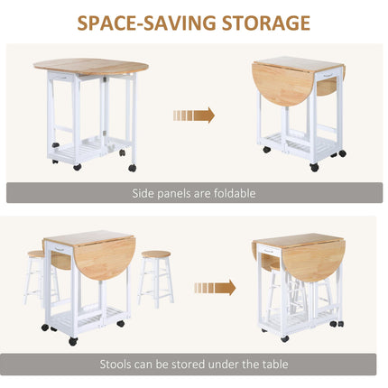 3PC Wooden Kitchen Cart with Folding Bar Table, 2 Stools, Storage Shelf & 6 Wheels - White