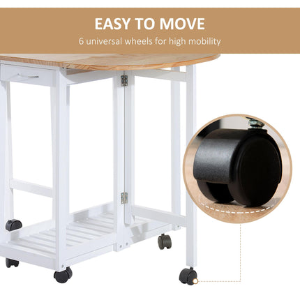 3PC Wooden Kitchen Cart with Folding Bar Table, 2 Stools, Storage Shelf & 6 Wheels - White