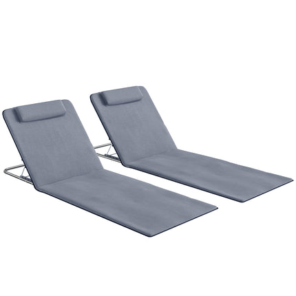 Set of 2 Foldable Garden & Beach Chair Mats with Adjustable Back, Head Pillow & Metal Frame - Grey
