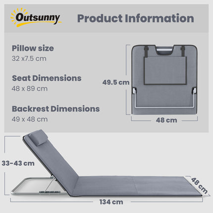 Set of 2 Foldable Garden & Beach Chair Mats with Adjustable Back, Head Pillow & Metal Frame - Grey