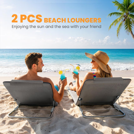 Set of 2 Foldable Garden & Beach Chair Mats with Adjustable Back, Head Pillow & Metal Frame - Grey