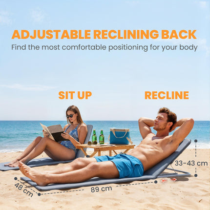 Set of 2 Foldable Garden & Beach Chair Mats with Adjustable Back, Head Pillow & Metal Frame - Grey