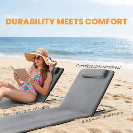 Set of 2 Foldable Garden & Beach Chair Mats with Adjustable Back, Head Pillow & Metal Frame - Grey