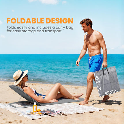 Set of 2 Foldable Garden & Beach Chair Mats with Adjustable Back, Head Pillow & Metal Frame - Grey