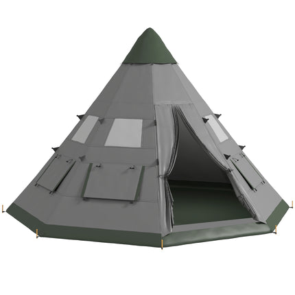 6 Men Camping Tipi Tent with Mesh Windows and Zipped Doors - Green Grey