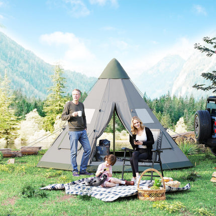 6 Men Camping Tipi Tent with Mesh Windows and Zipped Doors - Green Grey