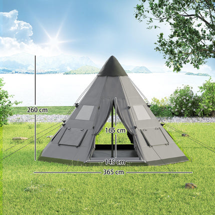 6 Men Camping Tipi Tent with Mesh Windows and Zipped Doors - Green Grey