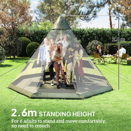 6 Men Camping Tipi Tent with Mesh Windows and Zipped Doors - Green Grey
