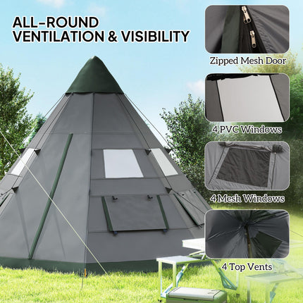 6 Men Camping Tipi Tent with Mesh Windows and Zipped Doors - Green Grey