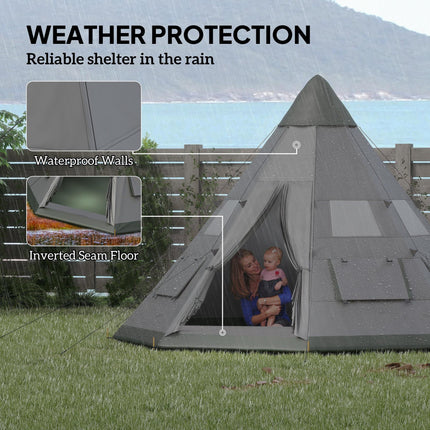 6 Men Camping Tipi Tent with Mesh Windows and Zipped Doors - Green Grey