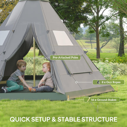 6 Men Camping Tipi Tent with Mesh Windows and Zipped Doors - Green Grey