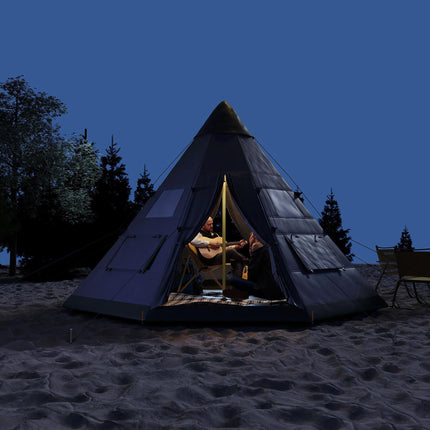 6 Men Camping Tipi Tent with Mesh Windows and Zipped Doors - Green Grey