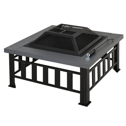 Metal Large Firepit Outdoor Square Fire Pit Brazier with Rain Cover, Lid, Log Gr