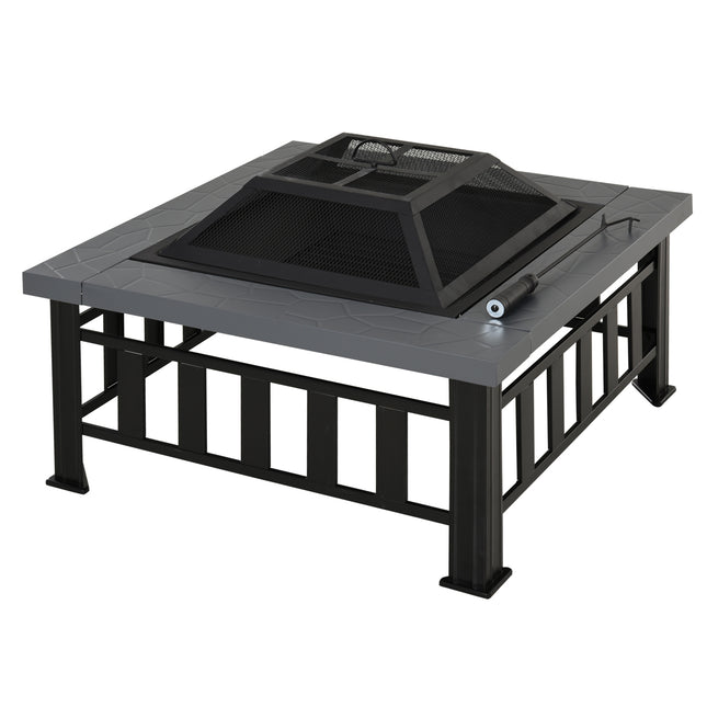 Metal Large Firepit Outdoor Square Fire Pit Brazier with Rain Cover, Lid, Log Gr