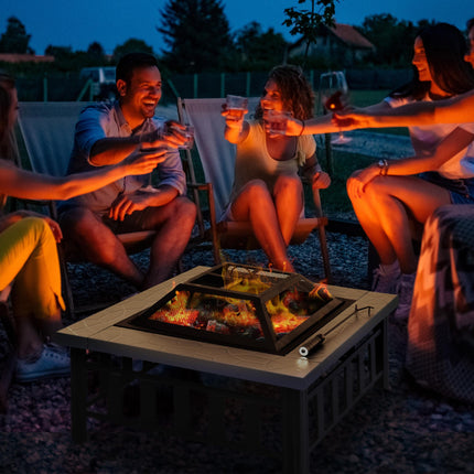 Metal Large Firepit Outdoor Square Fire Pit Brazier with Rain Cover, Lid, Log Gr