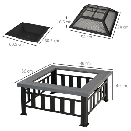 Metal Large Firepit Outdoor Square Fire Pit Brazier with Rain Cover, Lid, Log Gr