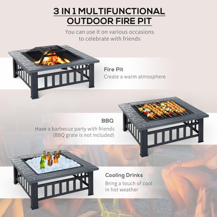 Metal Large Firepit Outdoor Square Fire Pit Brazier with Rain Cover, Lid, Log Gr