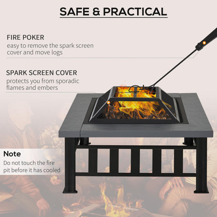 Metal Large Firepit Outdoor Square Fire Pit Brazier with Rain Cover, Lid, Log Gr