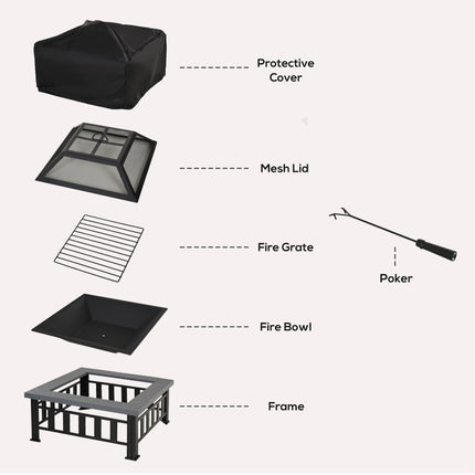 Metal Large Firepit Outdoor Square Fire Pit Brazier with Rain Cover, Lid, Log Gr