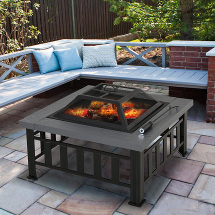 Metal Large Firepit Outdoor Square Fire Pit Brazier with Rain Cover, Lid, Log Gr