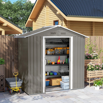 6.5ft Metal Garden Storage Shed with Lockable Double Sliding Doors - Grey