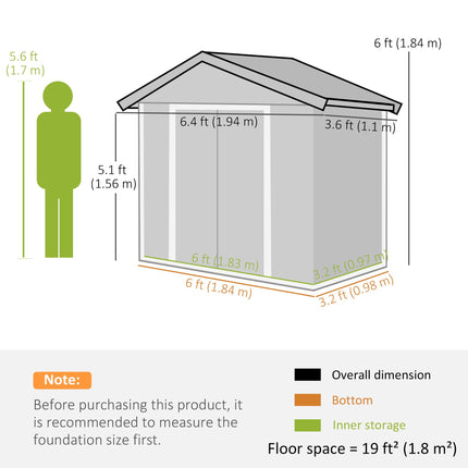 6.5ft Metal Garden Storage Shed with Lockable Double Sliding Doors - Grey