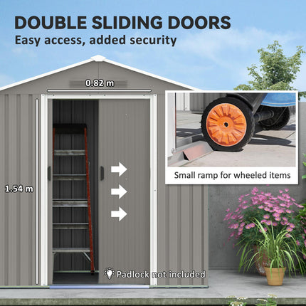 6.5ft Metal Garden Storage Shed with Lockable Double Sliding Doors - Grey