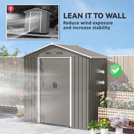6.5ft Metal Garden Storage Shed with Lockable Double Sliding Doors - Grey