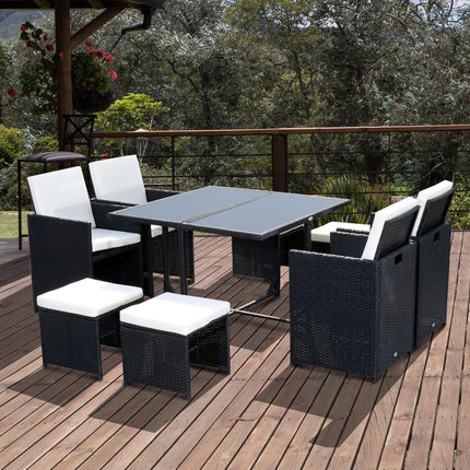 9PC Garden Rattan Outdoor Patio Dining Set 8 Seater with Stool - Black