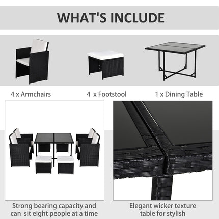 9PC Garden Rattan Outdoor Patio Dining Set 8 Seater with Stool - Black