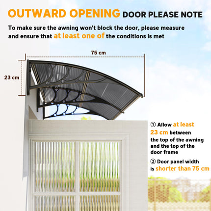 Outdoor Door Canopy Awning 196x75cm Rain Shelter for Front/Back Porch - Black